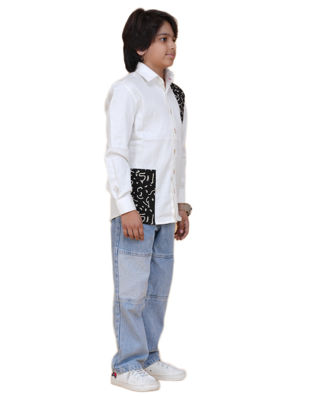 Trendy Boys' White Cotton Shirt with Printed Patch – Stylish & Comfortable