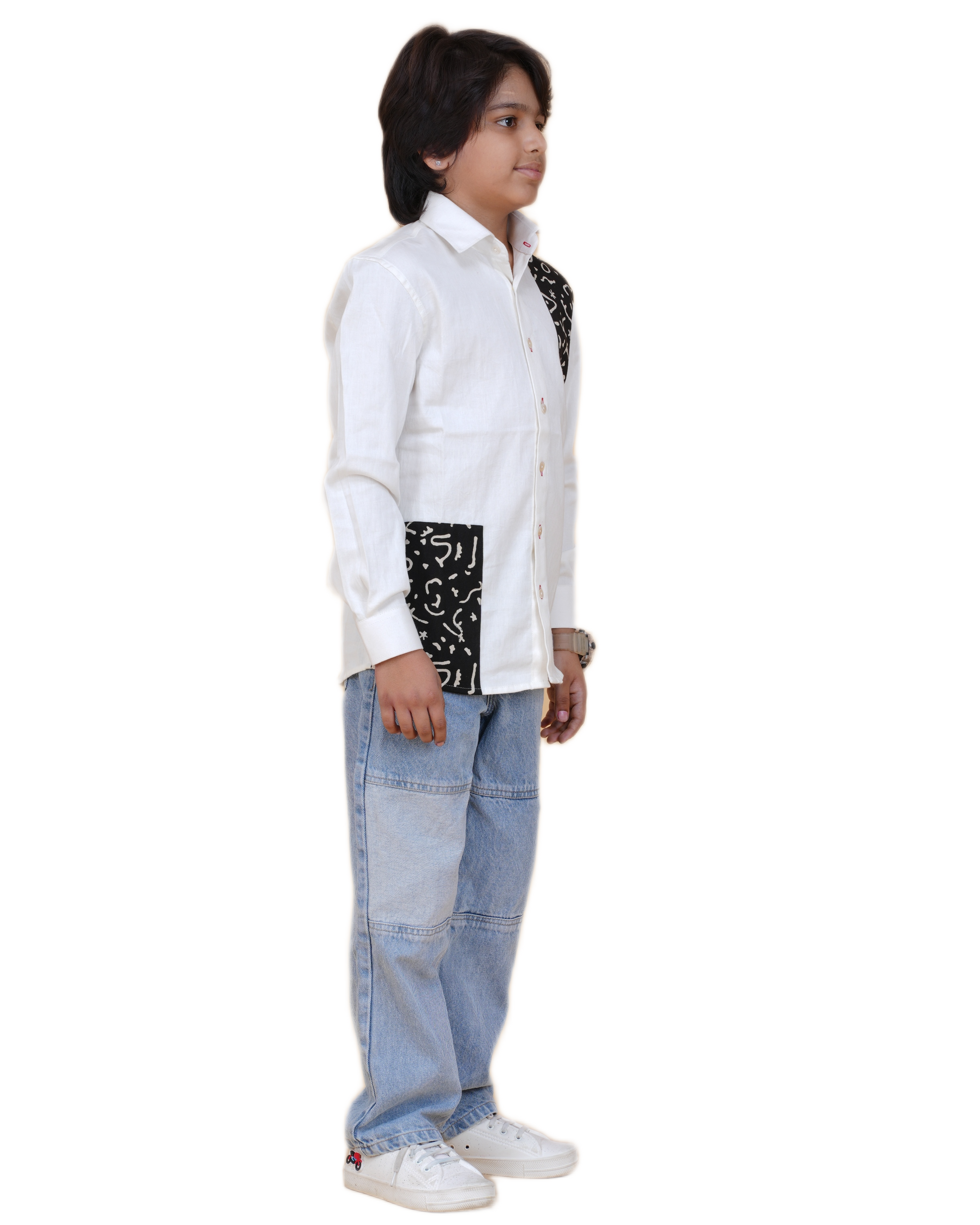 Trendy Boys' White Cotton Shirt with Printed Patch – Stylish & Comfortable