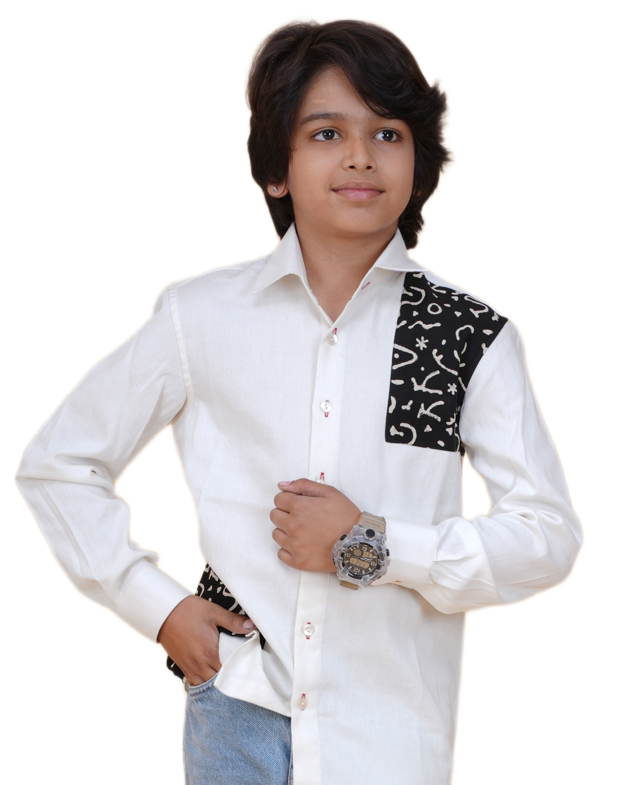 Trendy Boys' White Cotton Shirt with Printed Patch – Stylish & Comfortable