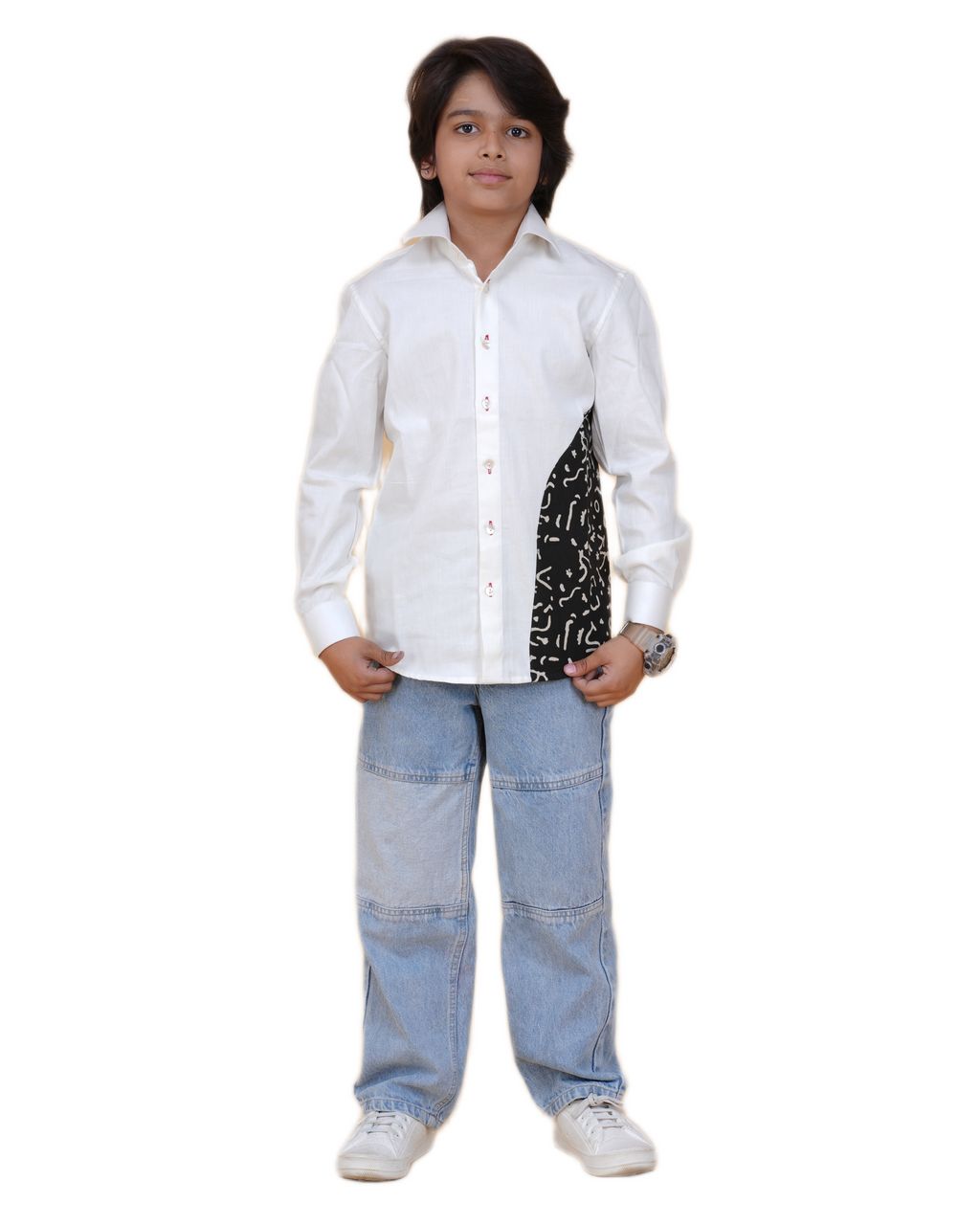 Fashionable White Cotton Shirt for Boys – Stylish Patch Print (Ages 5-12 Years)