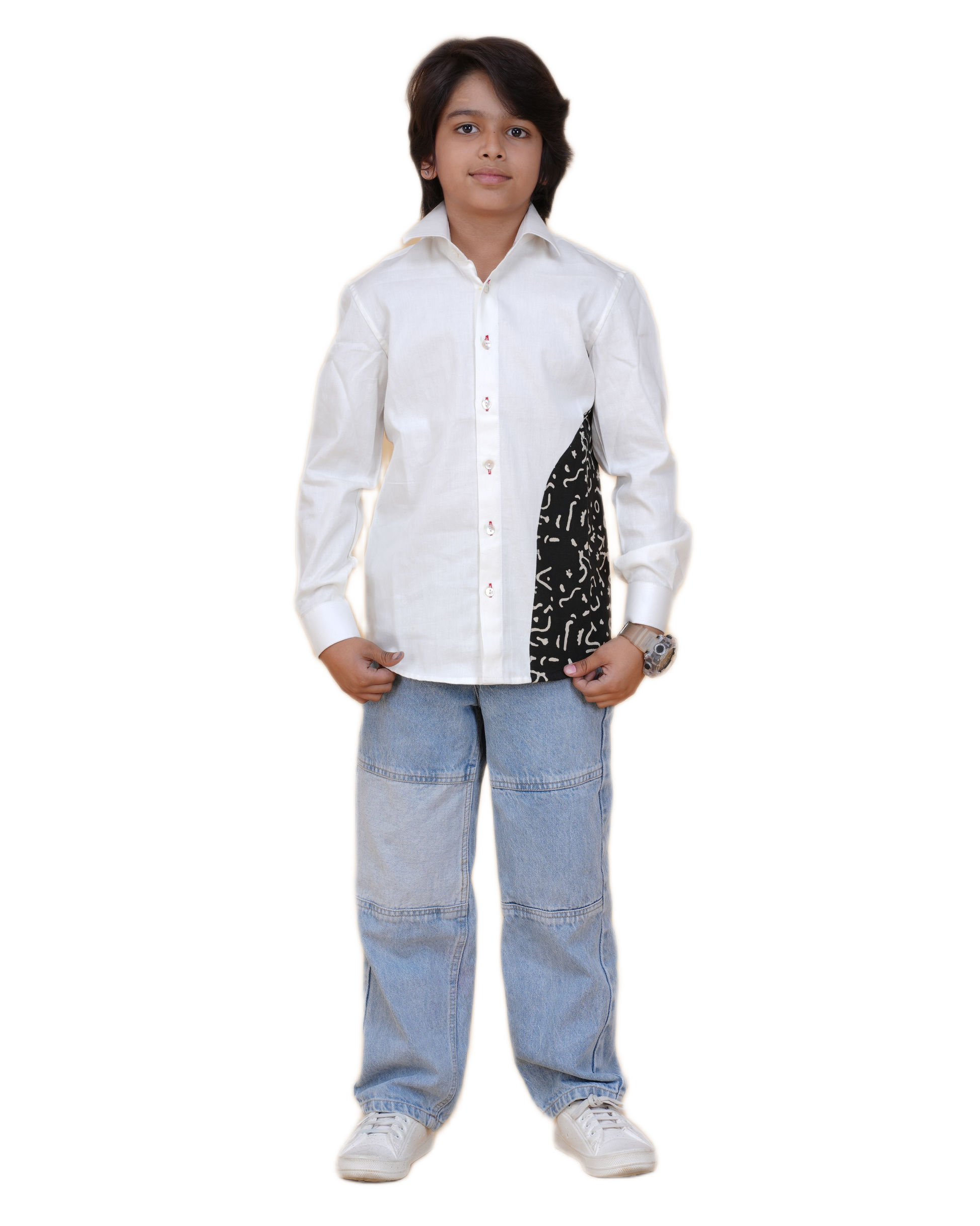 Fashionable White Cotton Shirt for Boys – Stylish Patch Print (Ages 5-12 Years)