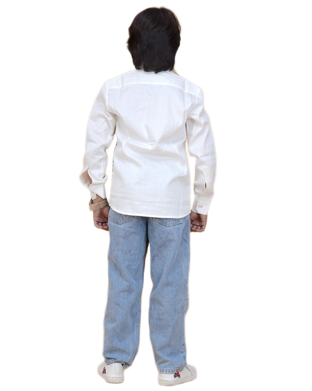 Fashionable White Cotton Shirt for Boys – Stylish Patch Print (Ages 5-12 Years)