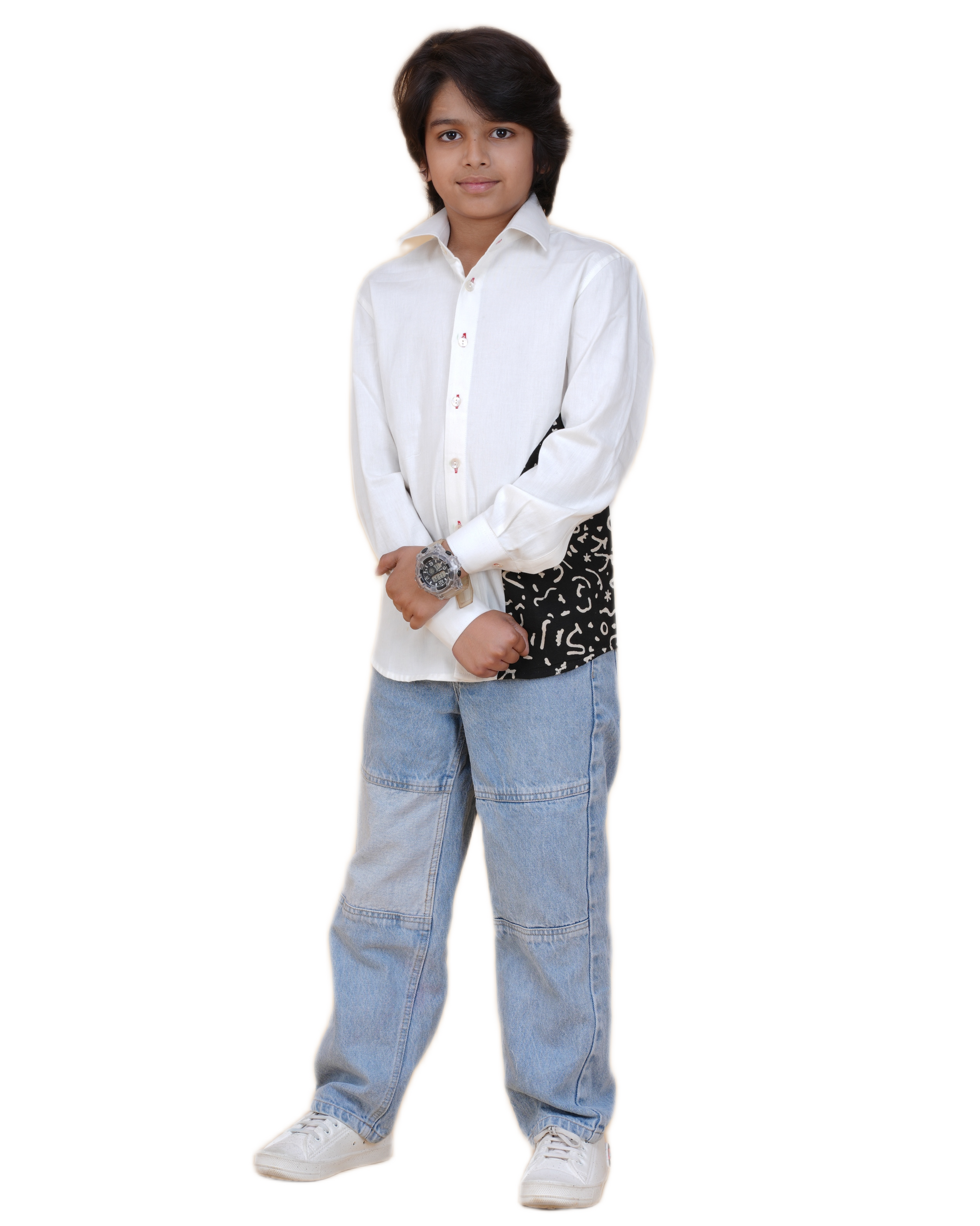 Fashionable White Cotton Shirt for Boys – Stylish Patch Print (Ages 5-12 Years)