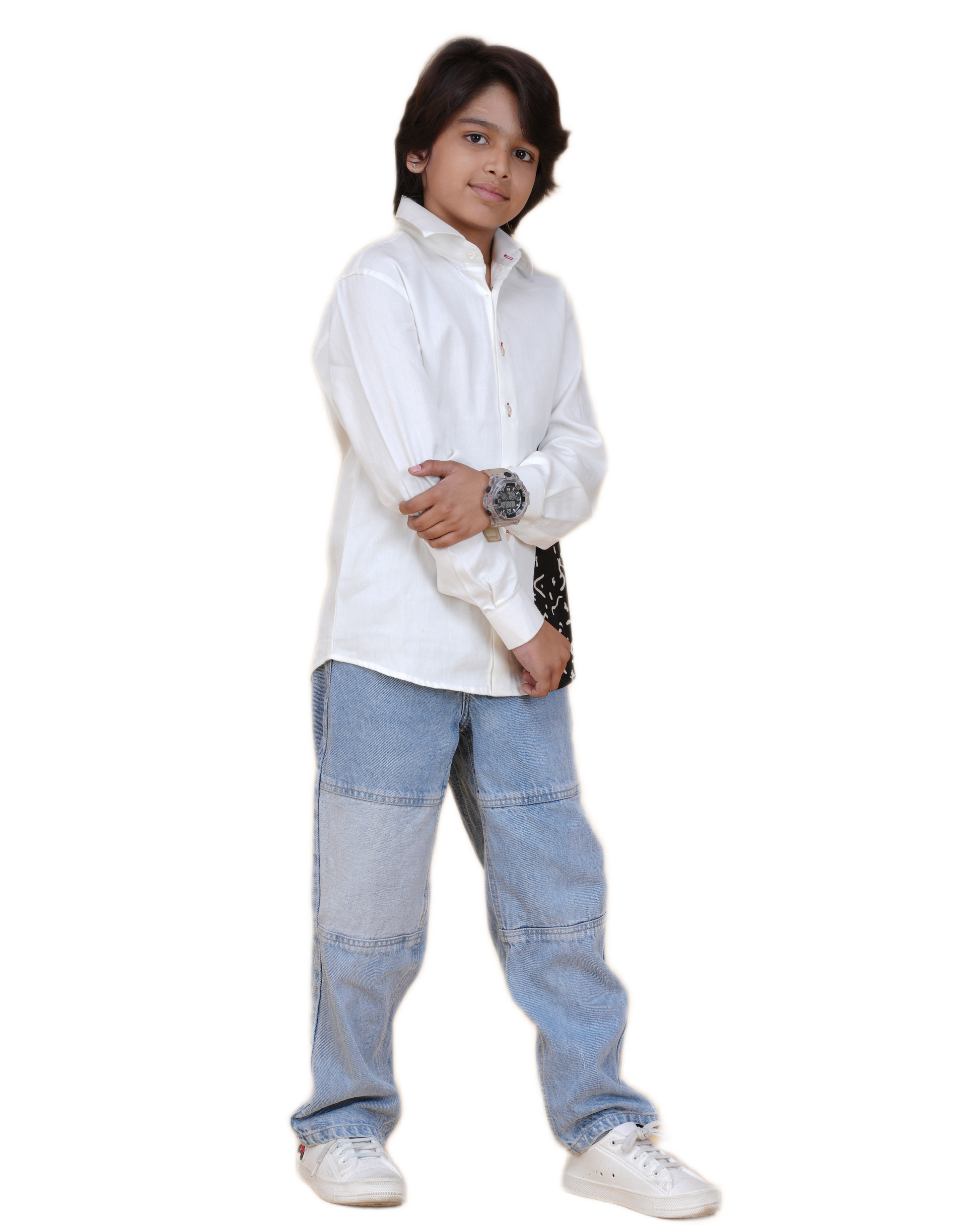 Fashionable White Cotton Shirt for Boys – Stylish Patch Print (Ages 5-12 Years)