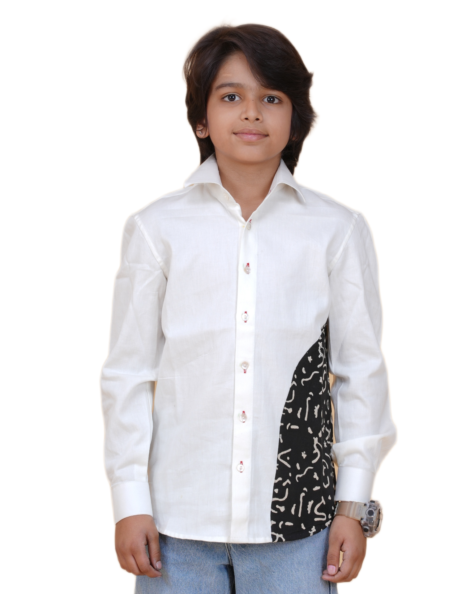 Fashionable White Cotton Shirt for Boys – Stylish Patch Print (Ages 5-12 Years)