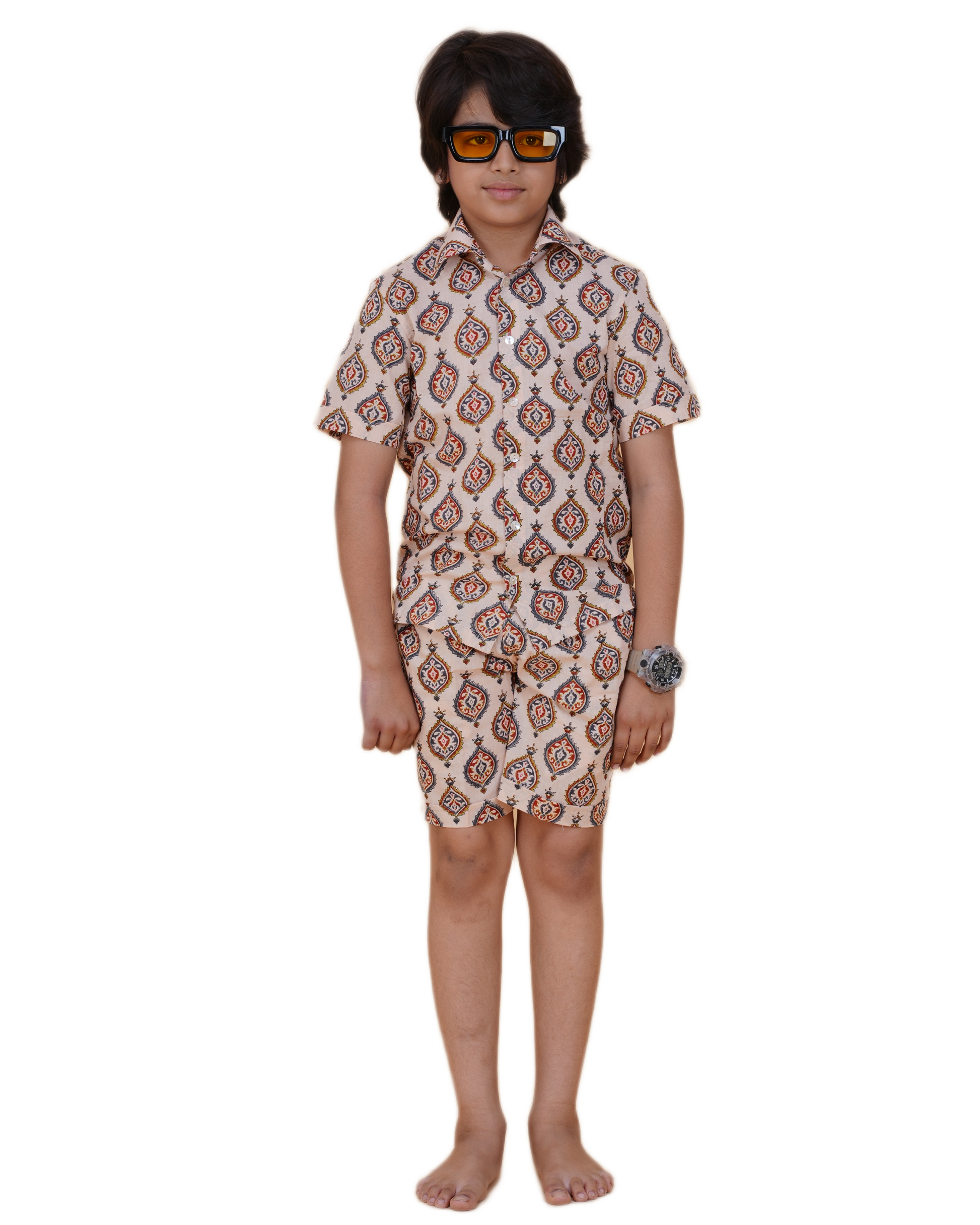 Comfortable Cotton Printed Co-Ord Set for Boys – Half Sleeve Shirt and Elastic Waist Half Pants