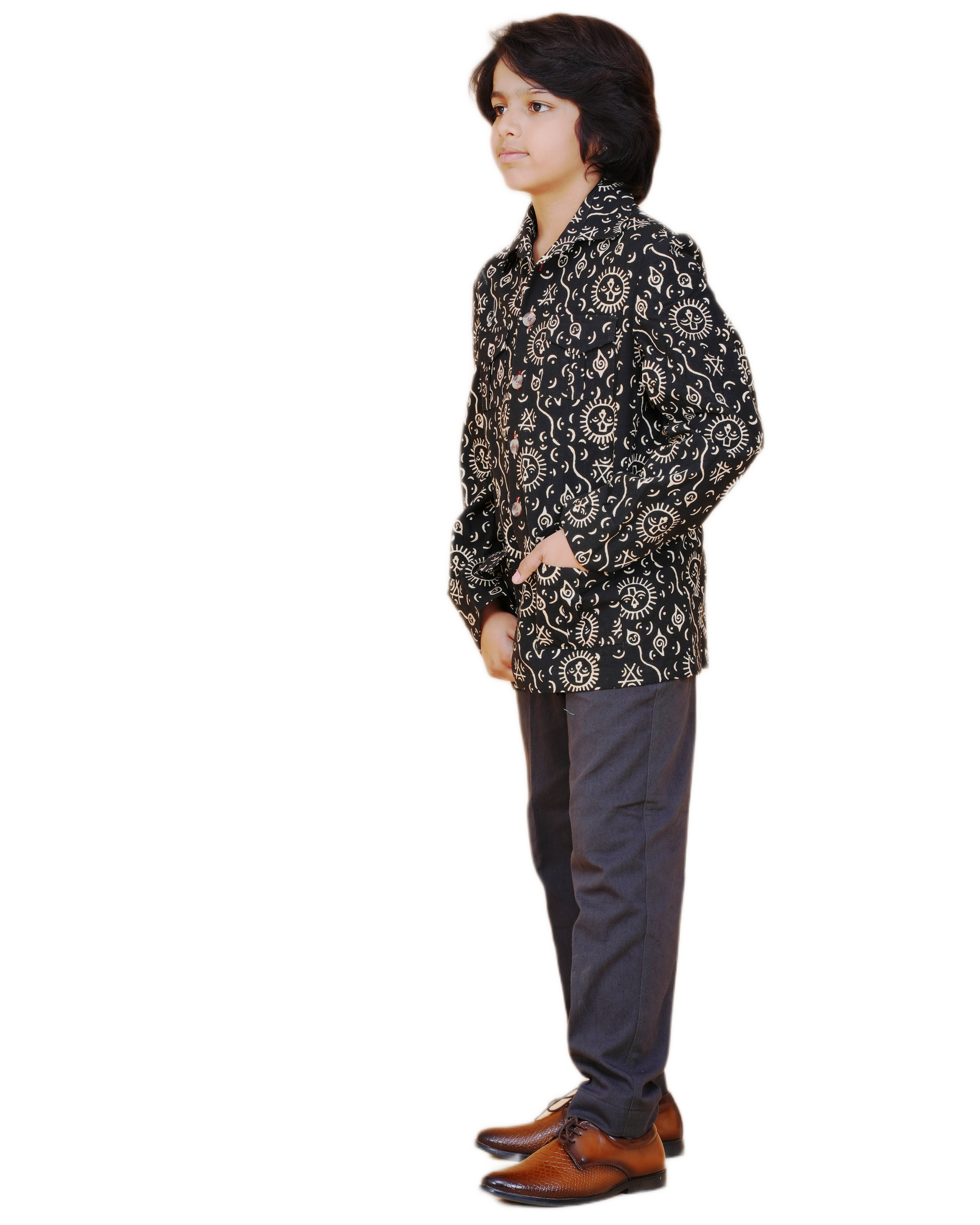 Black Cotton Printed Shirt for Boys – Tribal-Inspired Design Eco-Friendly & Handcrafted