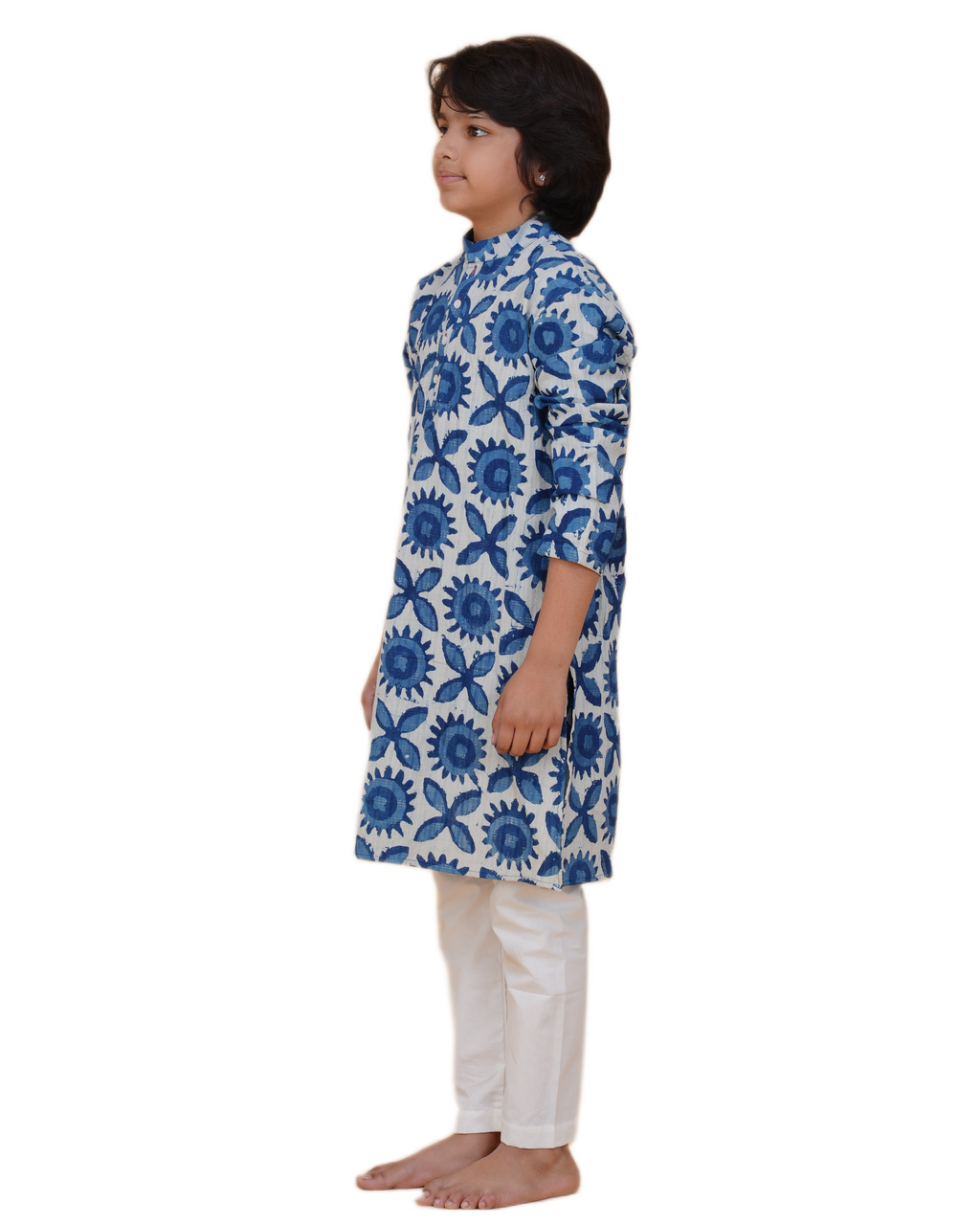 Eco-Friendly Indigo Blue Cotton Printed Kurta with White Pajama Set for Boys