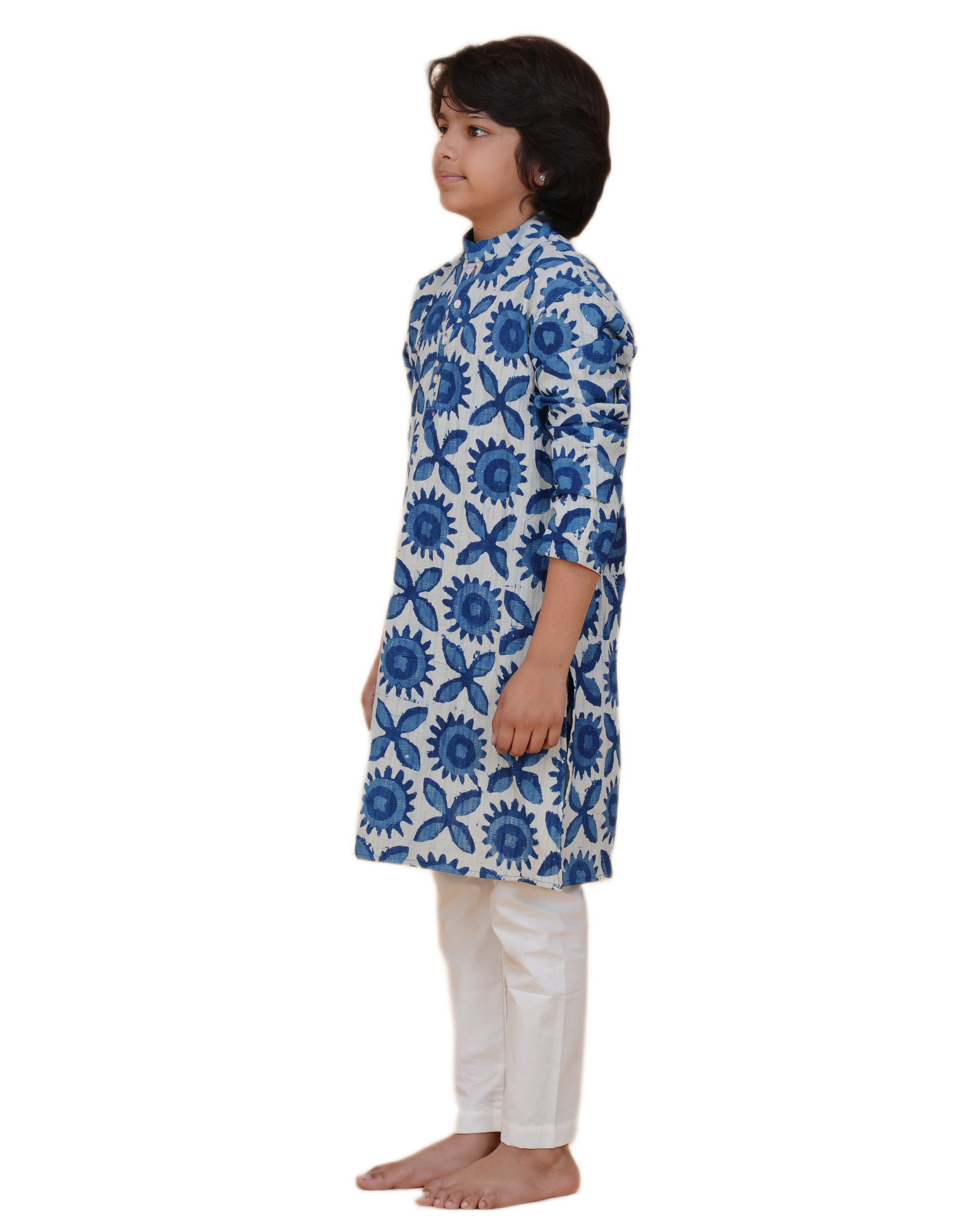 Eco-Friendly Indigo Blue Cotton Printed Kurta with White Pajama Set for Boys