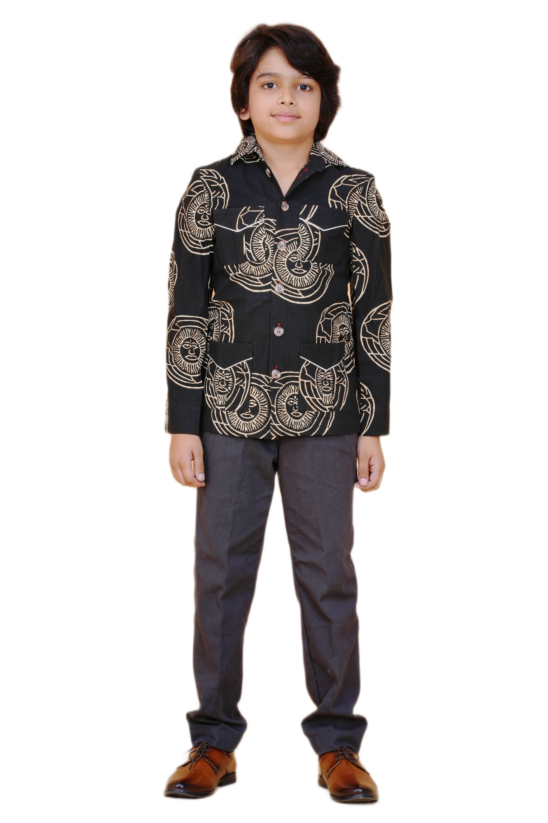Black Printed Bush Coat for Boys – Heritage-Inspired Eco-Friendly & Handcrafted