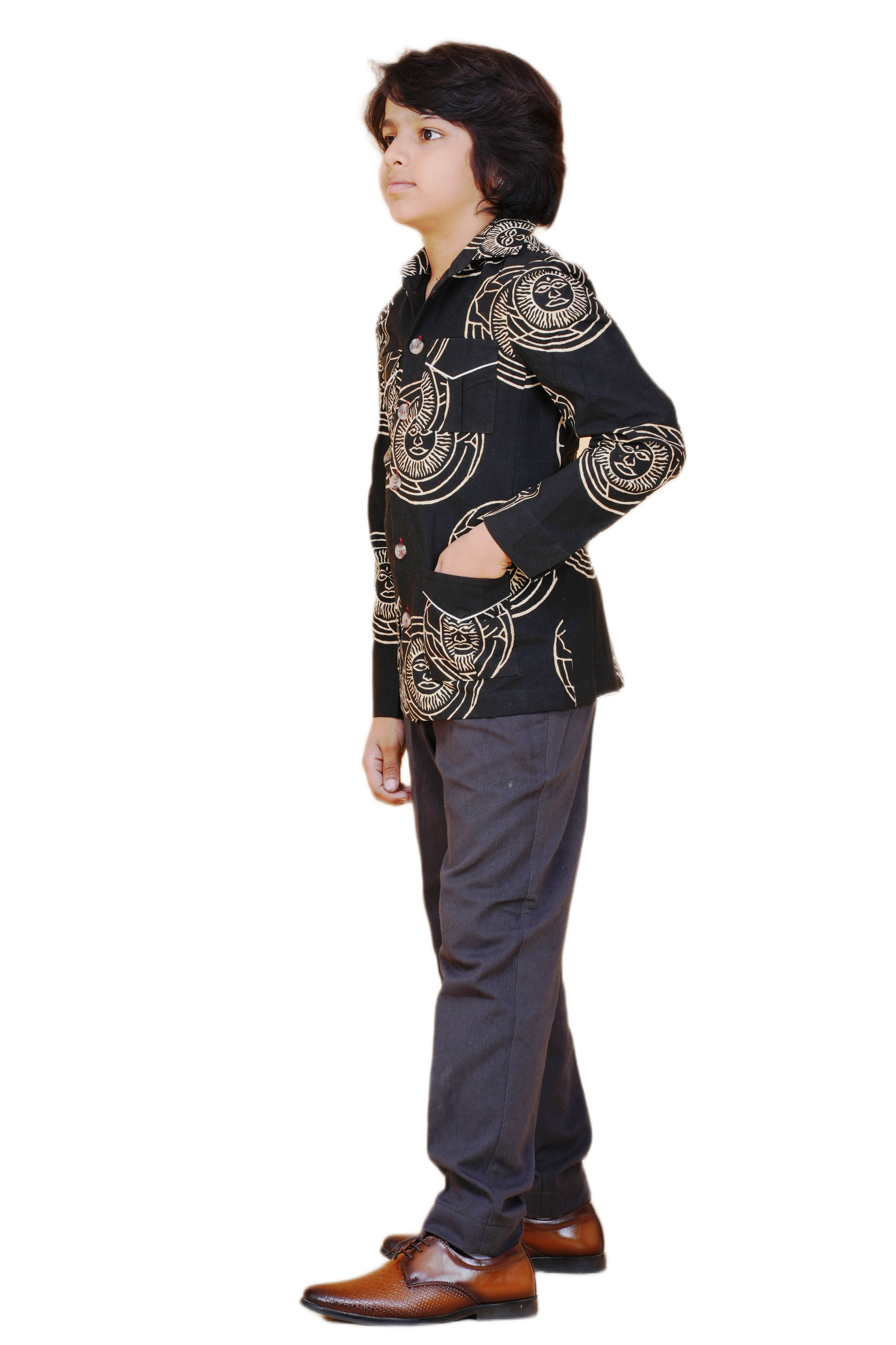 Black Printed Bush Coat for Boys – Heritage-Inspired Eco-Friendly & Handcrafted