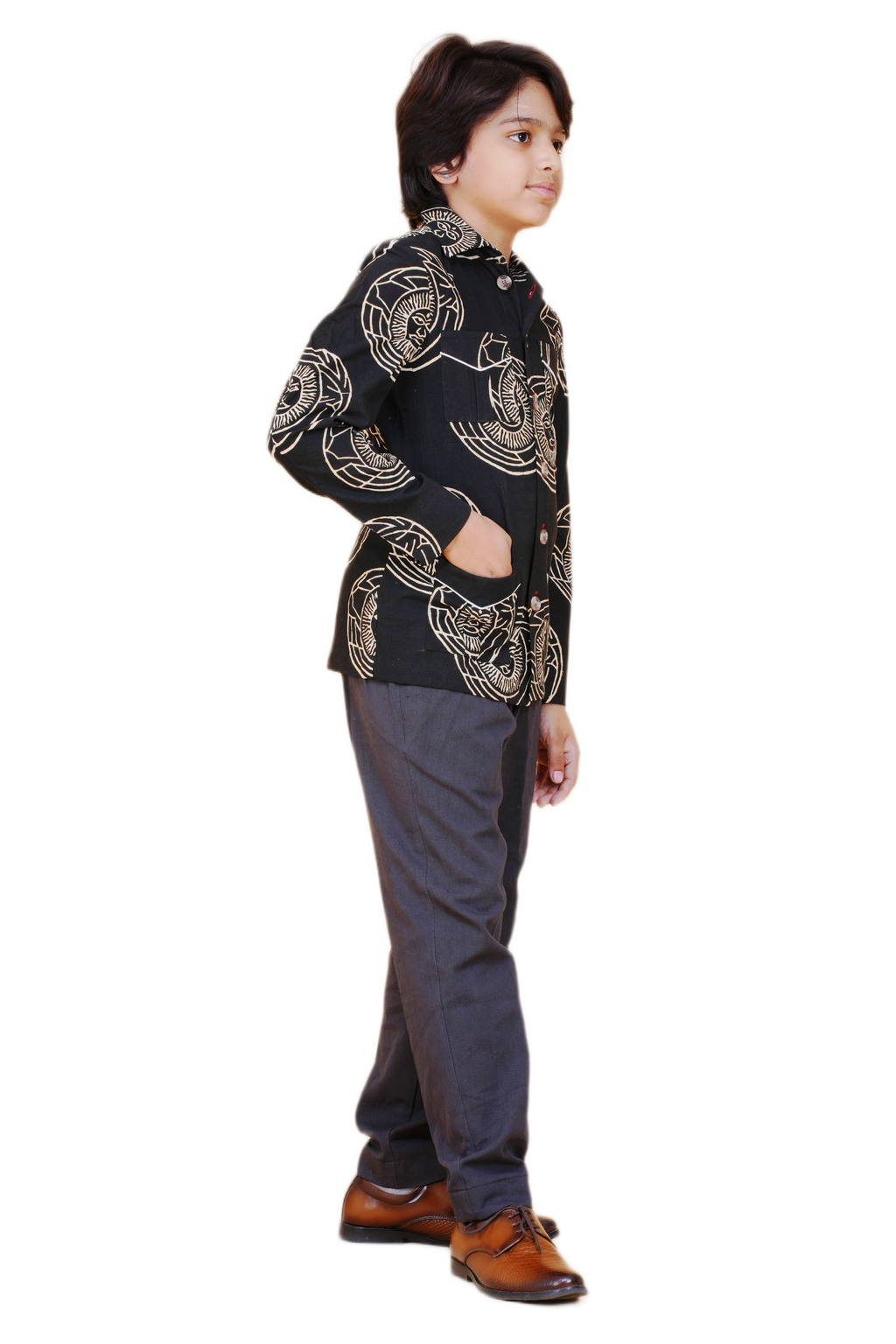 Black Printed Bush Coat for Boys – Heritage-Inspired Eco-Friendly & Handcrafted