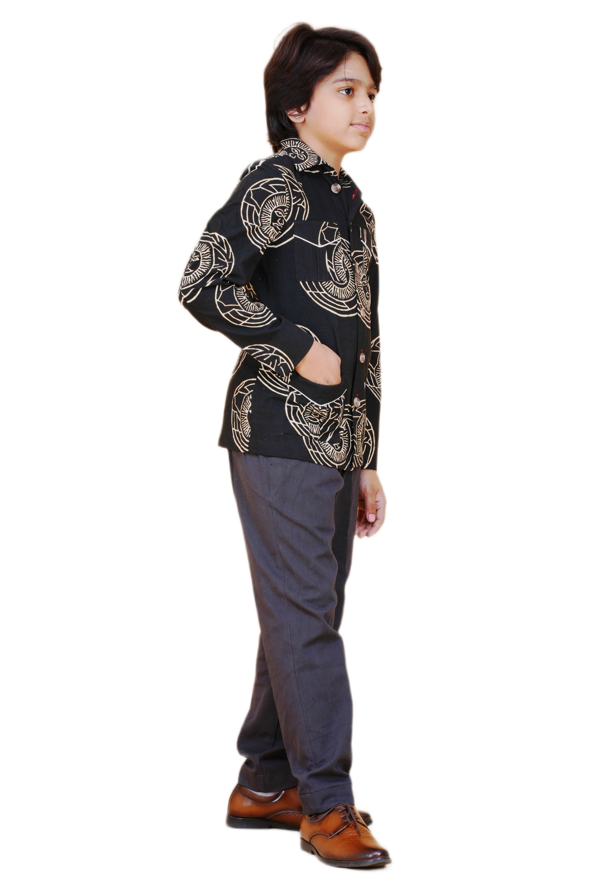 Black Printed Bush Coat for Boys – Heritage-Inspired Eco-Friendly & Handcrafted