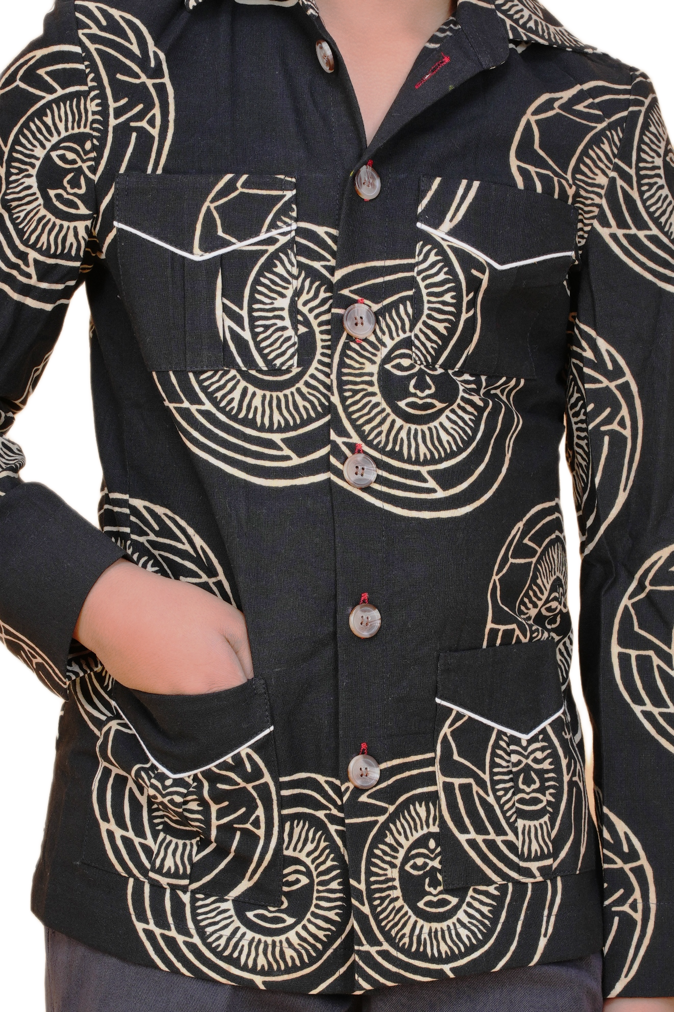 Black Printed Bush Coat for Boys – Heritage-Inspired Eco-Friendly & Handcrafted