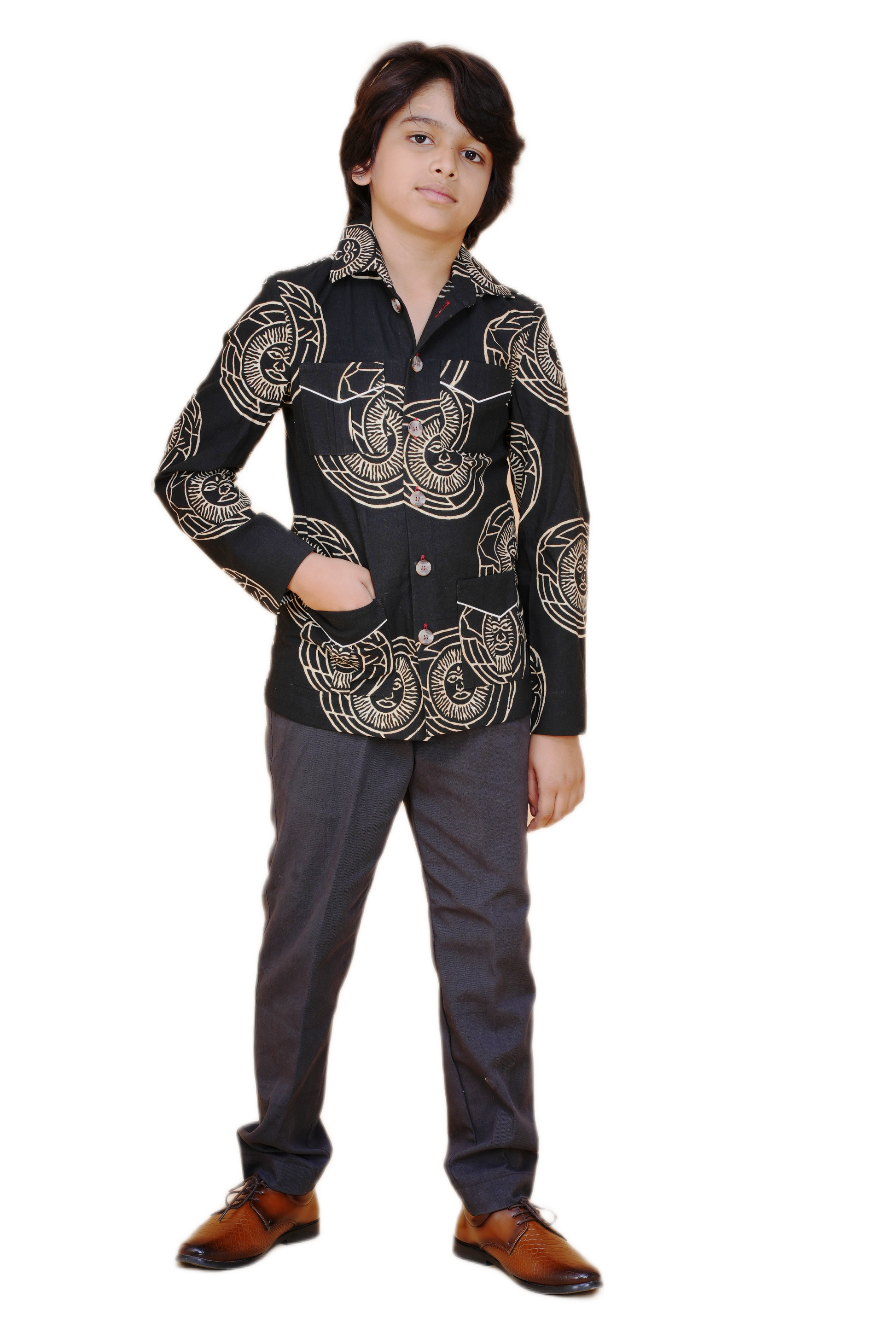 Black Printed Bush Coat for Boys – Heritage-Inspired Eco-Friendly & Handcrafted
