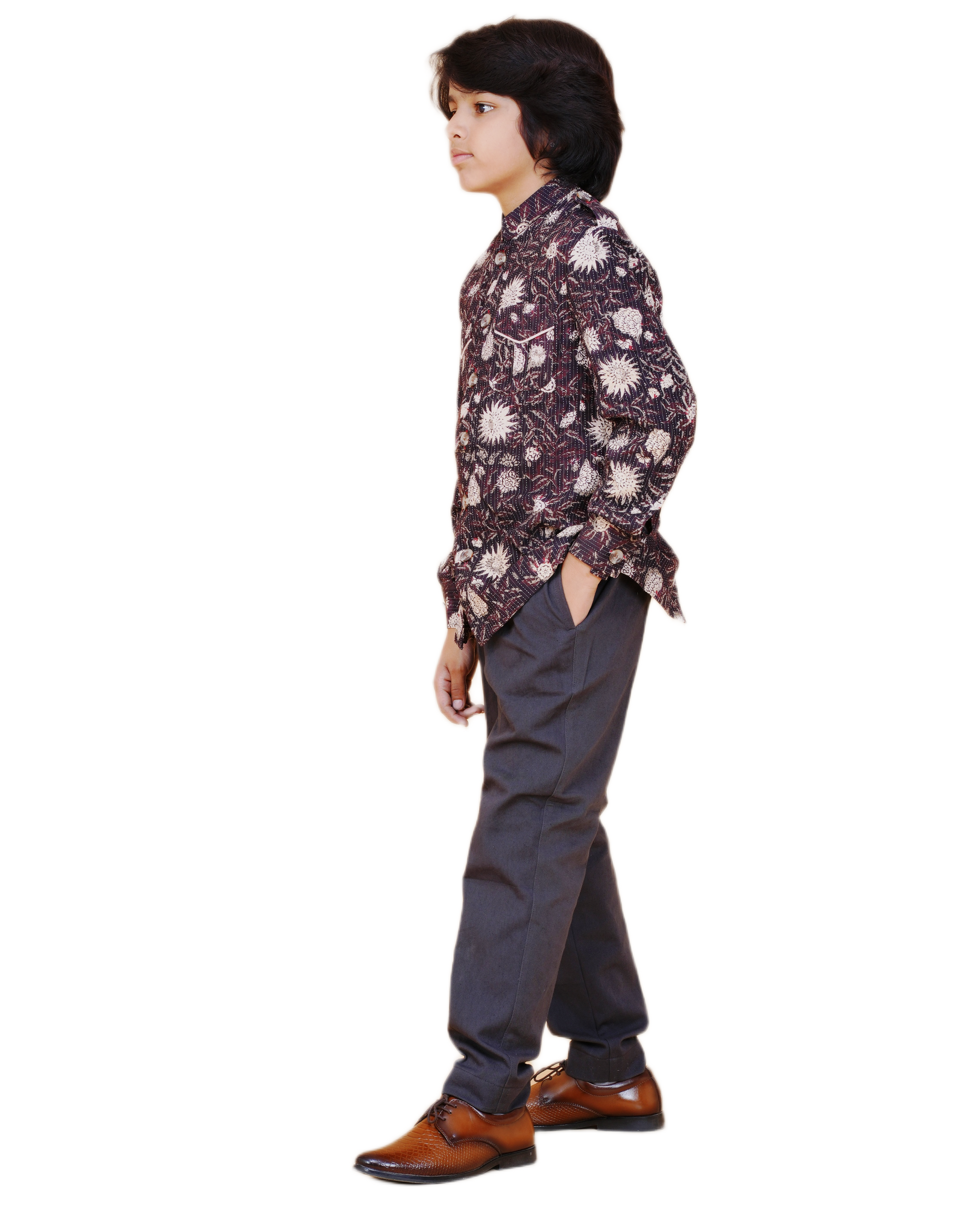 Boys' Floral Printed Shirt – Classic Black & White Eco-Friendly Cotton