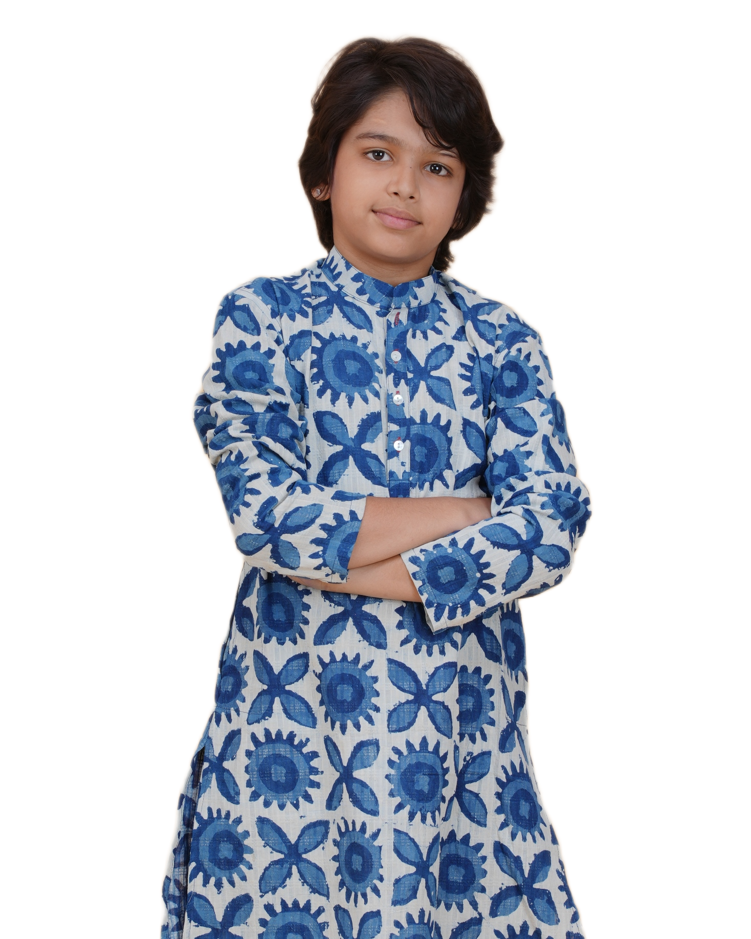 Eco-Friendly Indigo Blue Cotton Printed Kurta with White Pajama Set for Boys