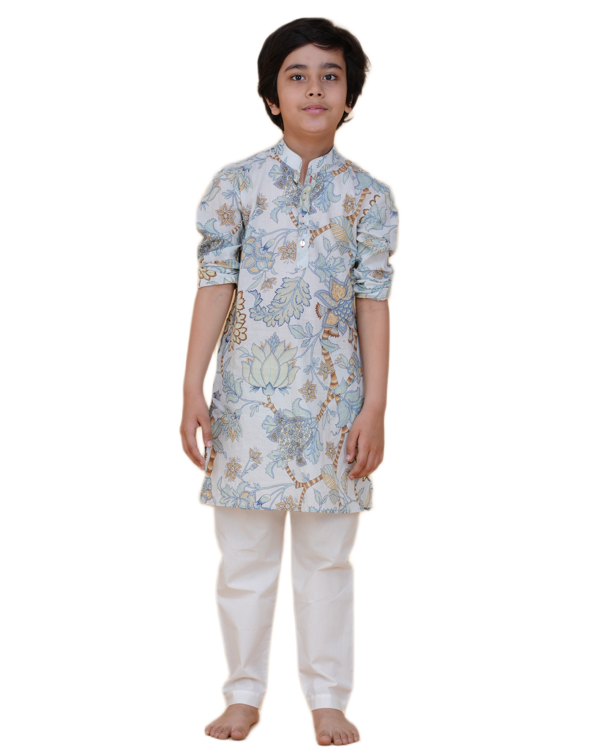 Boys' Floral Printed Cotton Kurta with White Pajama – Elegant Ethnic Wear for Festive & Casual Occasions