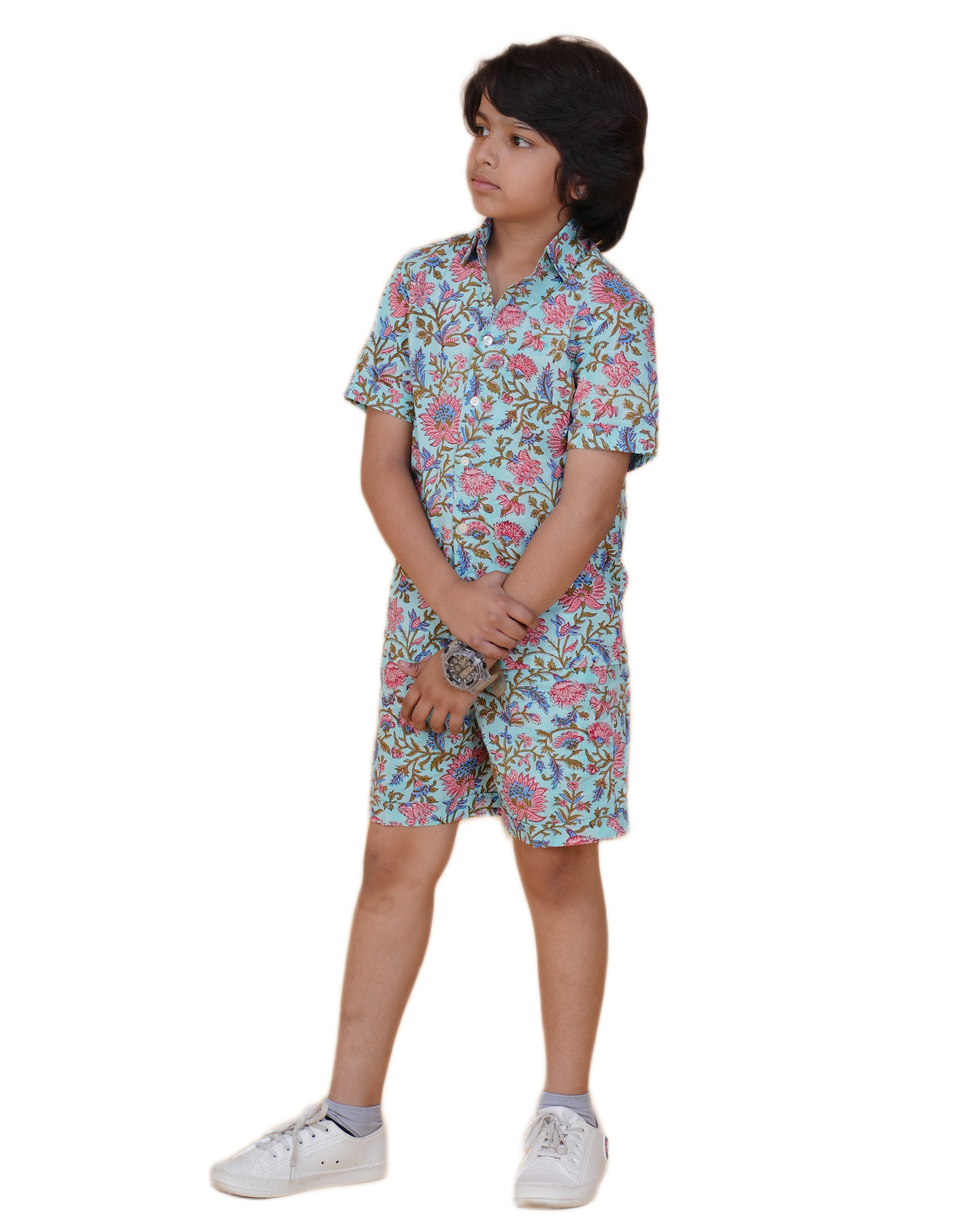 Boys' Cotton Hand Block Floral Printed Co-ord Set – Half Sleeve Shirt & Elastic Waist Shorts