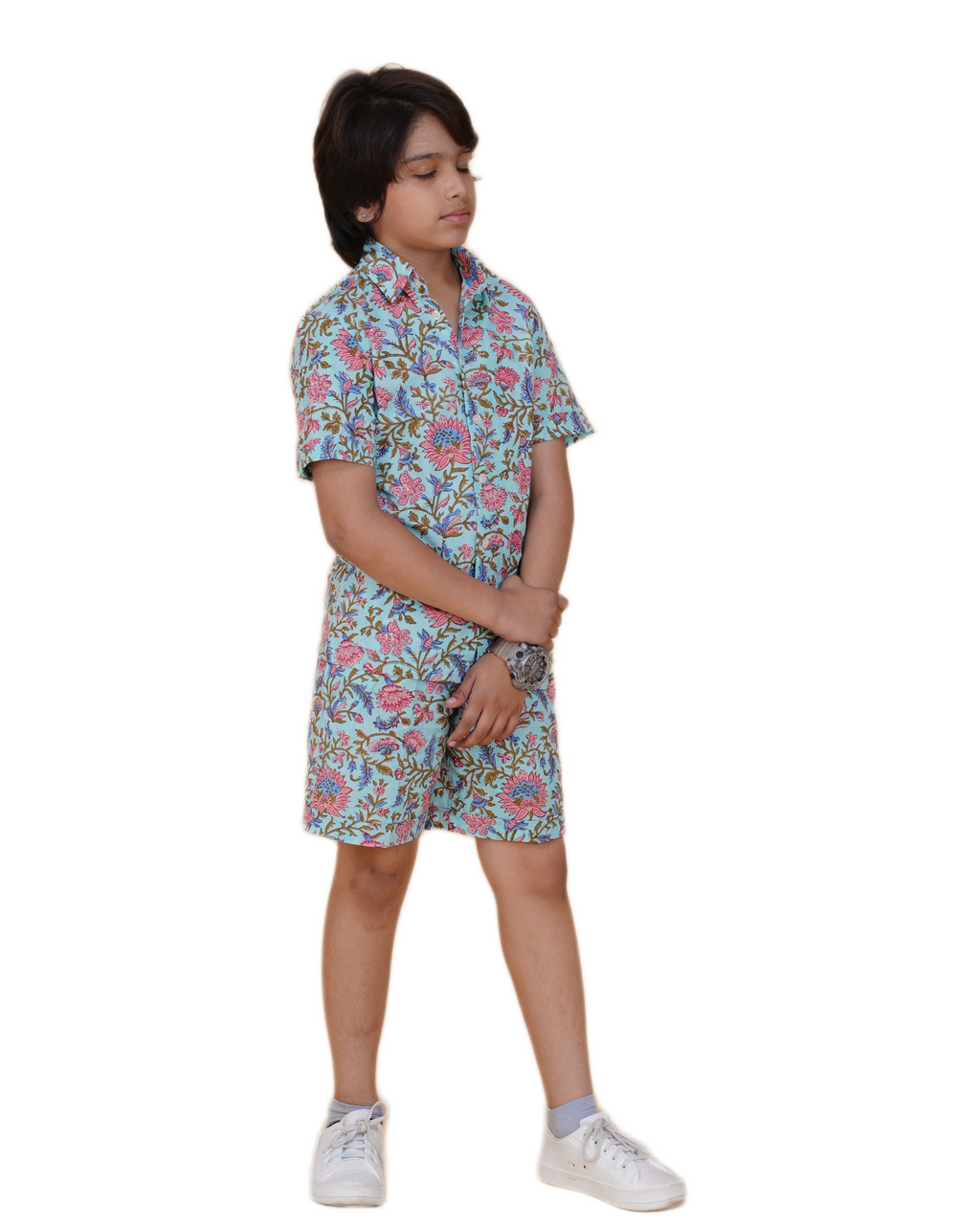 Boys' Cotton Hand Block Floral Printed Co-ord Set – Half Sleeve Shirt & Elastic Waist Shorts
