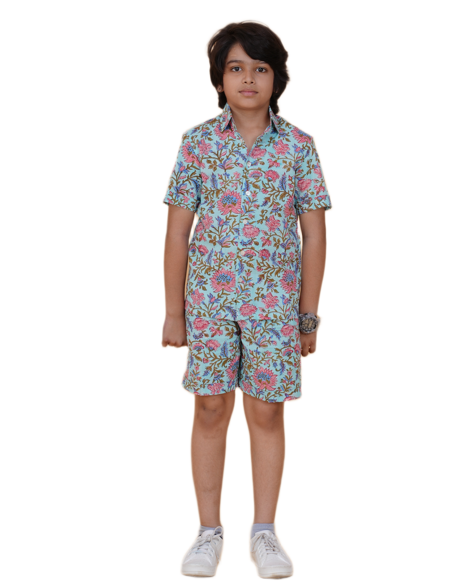Boys' Cotton Hand Block Floral Printed Co-ord Set – Half Sleeve Shirt & Elastic Waist Shorts