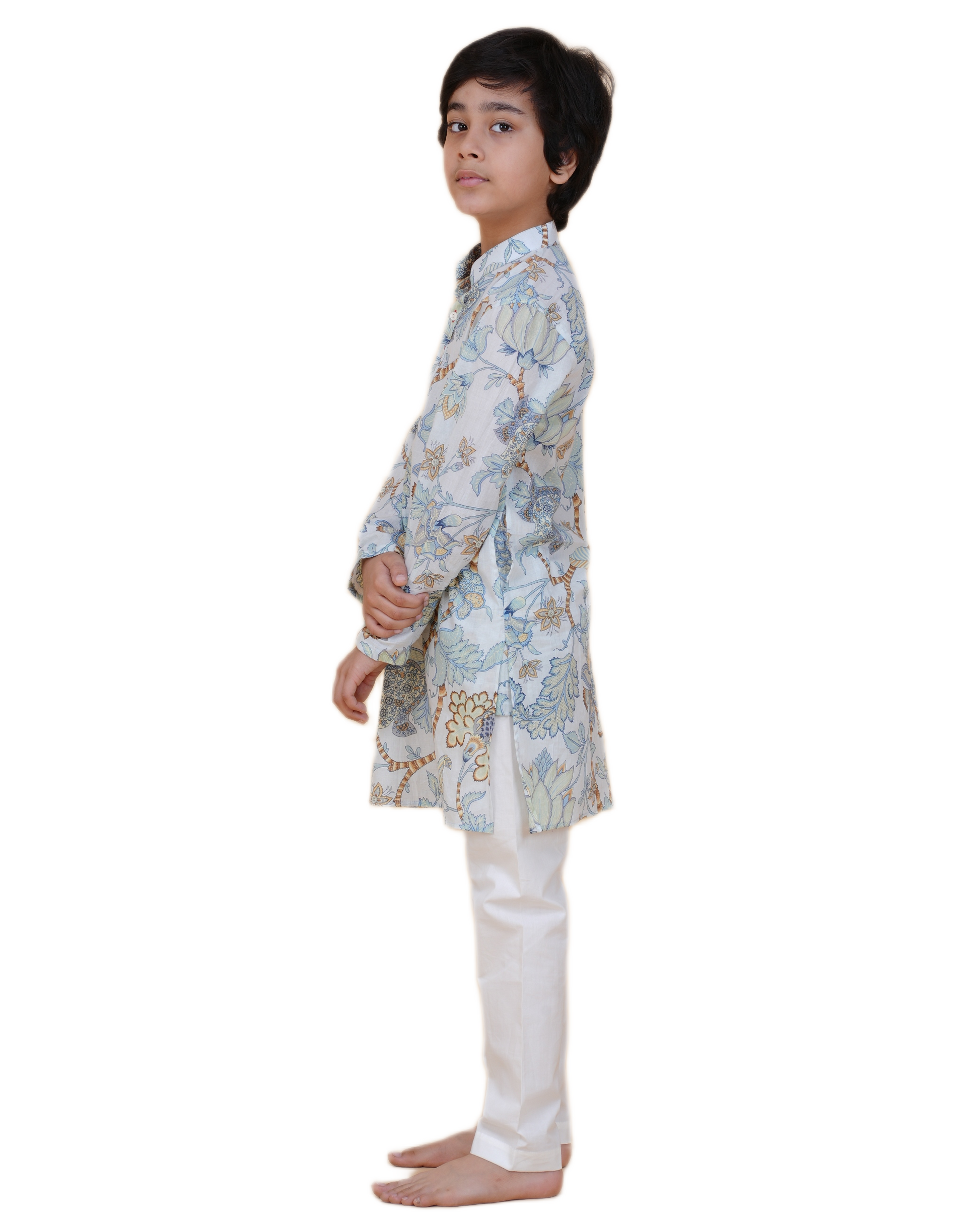 Boys' Floral Printed Cotton Kurta with White Pajama – Elegant Ethnic Wear for Festive & Casual Occasions