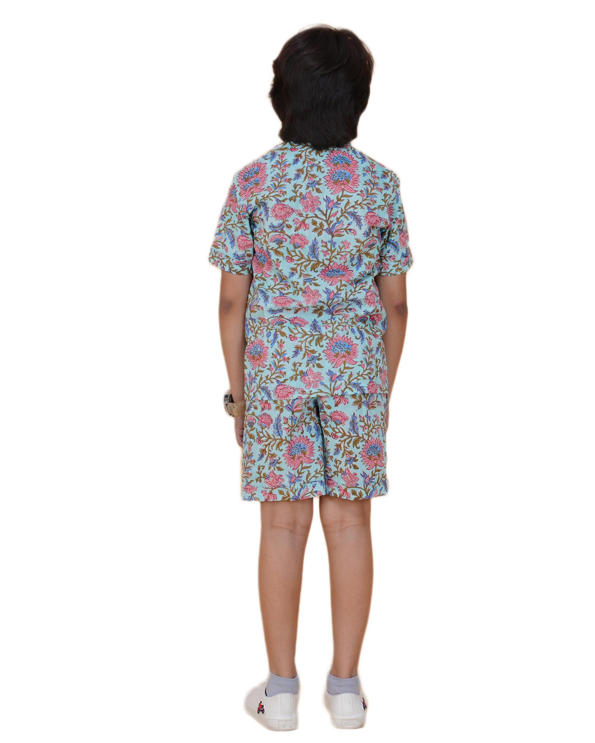 Boys' Cotton Hand Block Floral Printed Co-ord Set – Half Sleeve Shirt & Elastic Waist Shorts