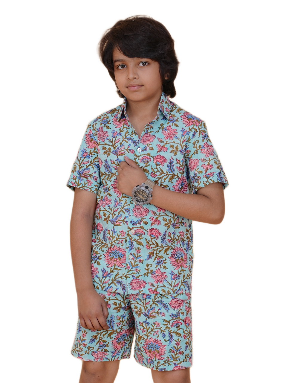Boys' Cotton Hand Block Floral Printed Co-ord Set – Half Sleeve Shirt & Elastic Waist Shorts