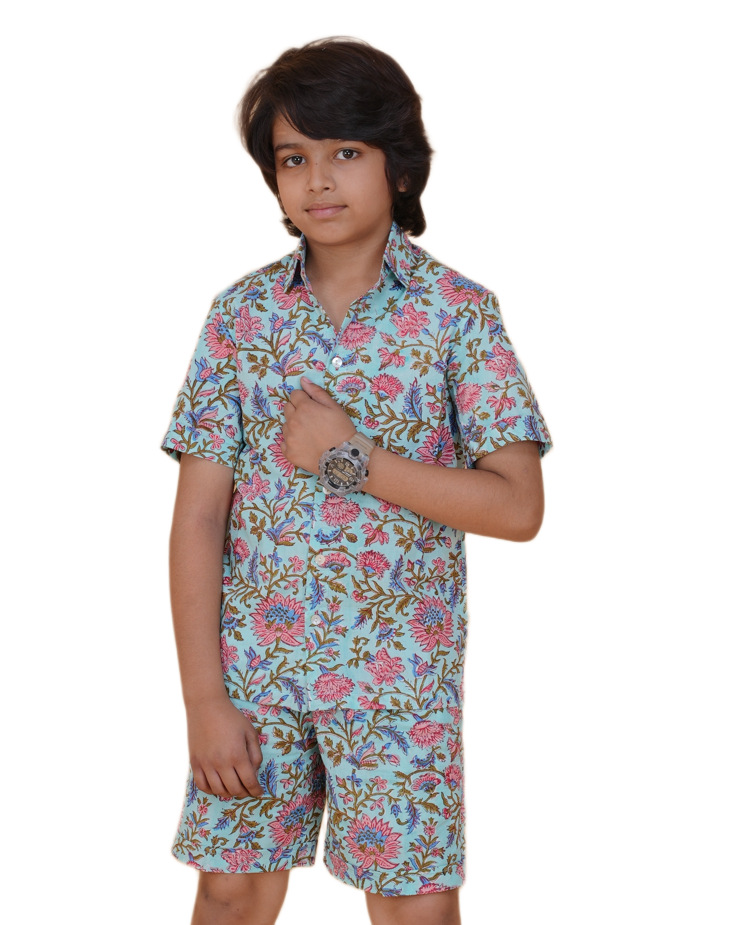 Boys' Cotton Hand Block Floral Printed Co-ord Set – Half Sleeve Shirt & Elastic Waist Shorts