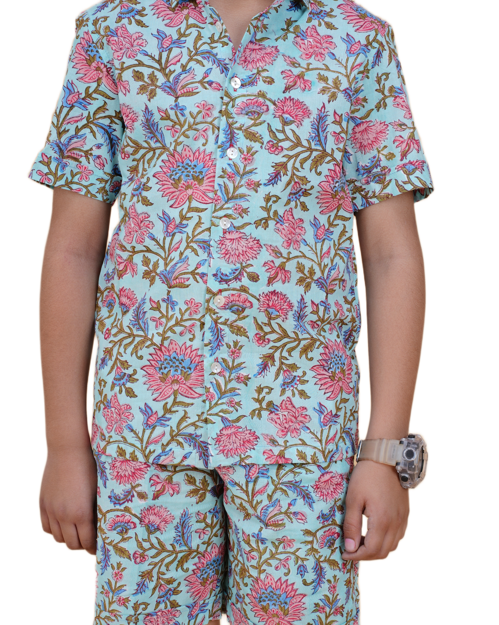 Boys' Cotton Hand Block Floral Printed Co-ord Set – Half Sleeve Shirt & Elastic Waist Shorts