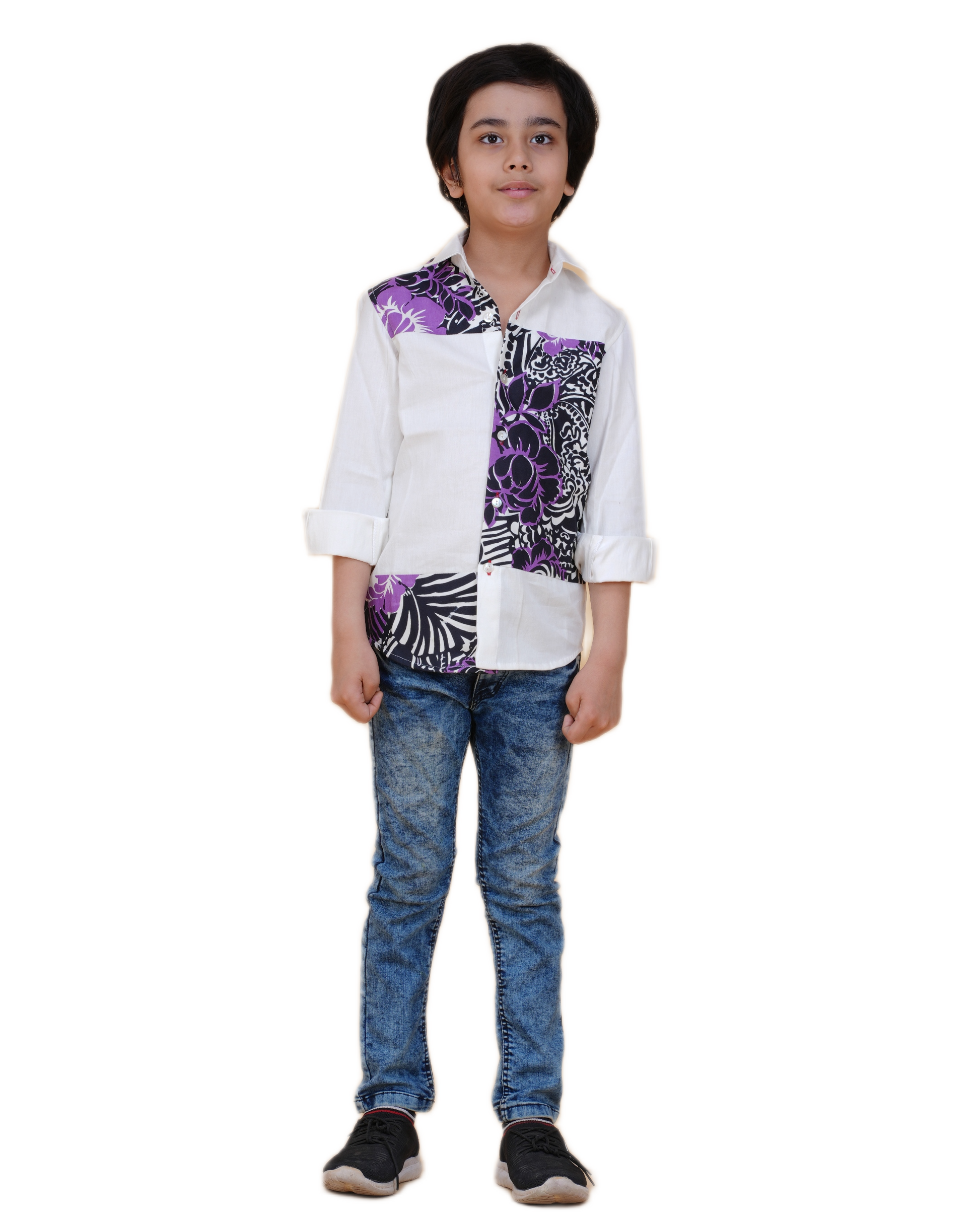 Trendy Boys' White Cotton Shirt with Printed Patch – Stylish & Comfortable