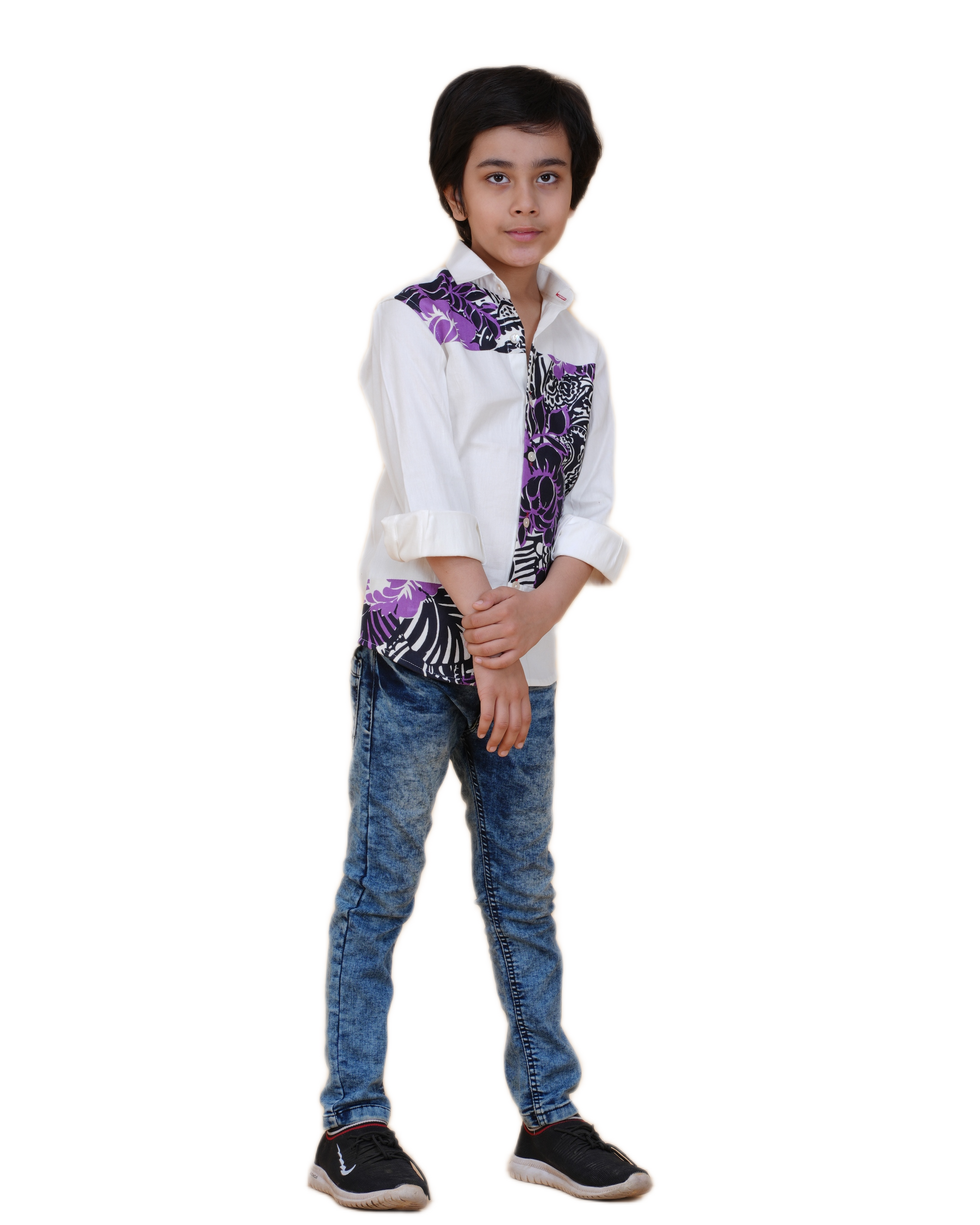 Trendy Boys' White Cotton Shirt with Printed Patch – Stylish & Comfortable