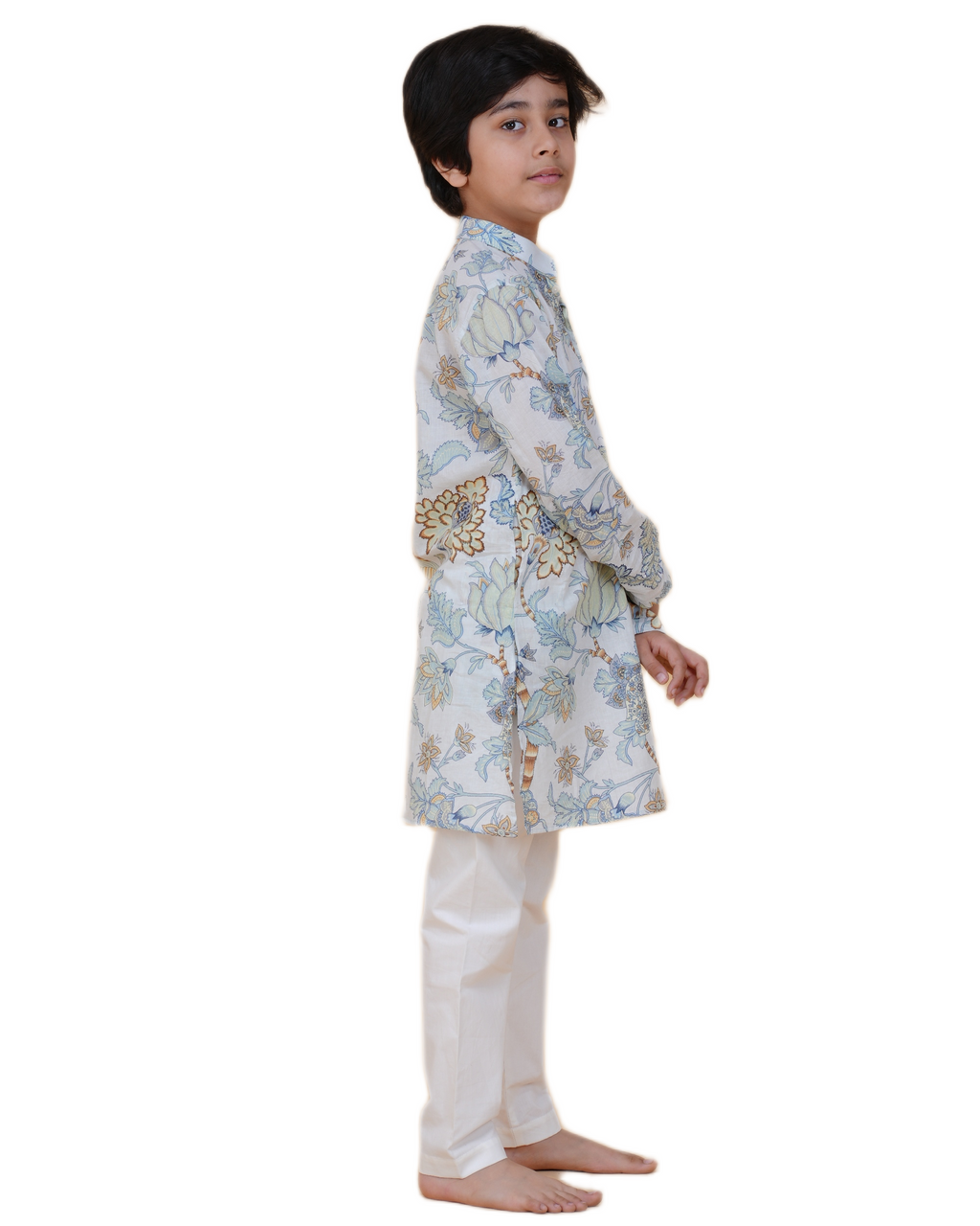 Boys' Floral Printed Cotton Kurta with White Pajama – Elegant Ethnic Wear for Festive & Casual Occasions