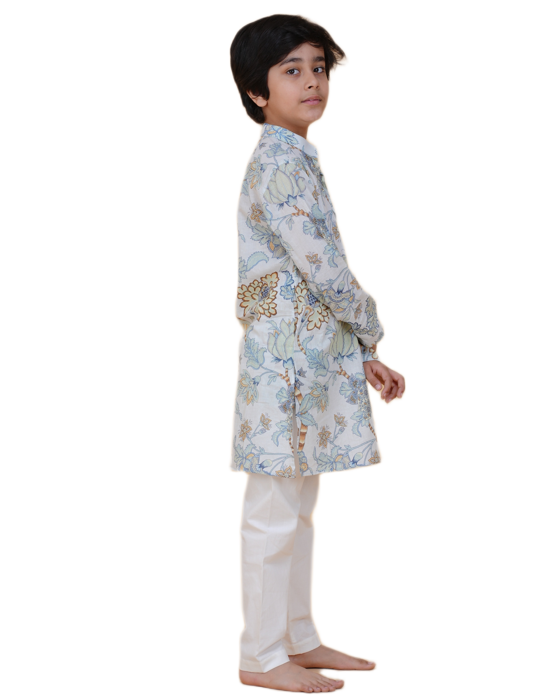 Boys' Floral Printed Cotton Kurta with White Pajama – Elegant Ethnic Wear for Festive & Casual Occasions