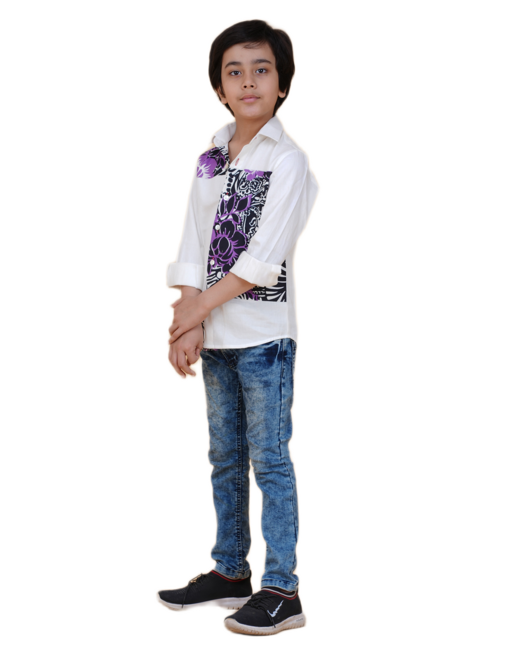 Trendy Boys' White Cotton Shirt with Printed Patch – Stylish & Comfortable