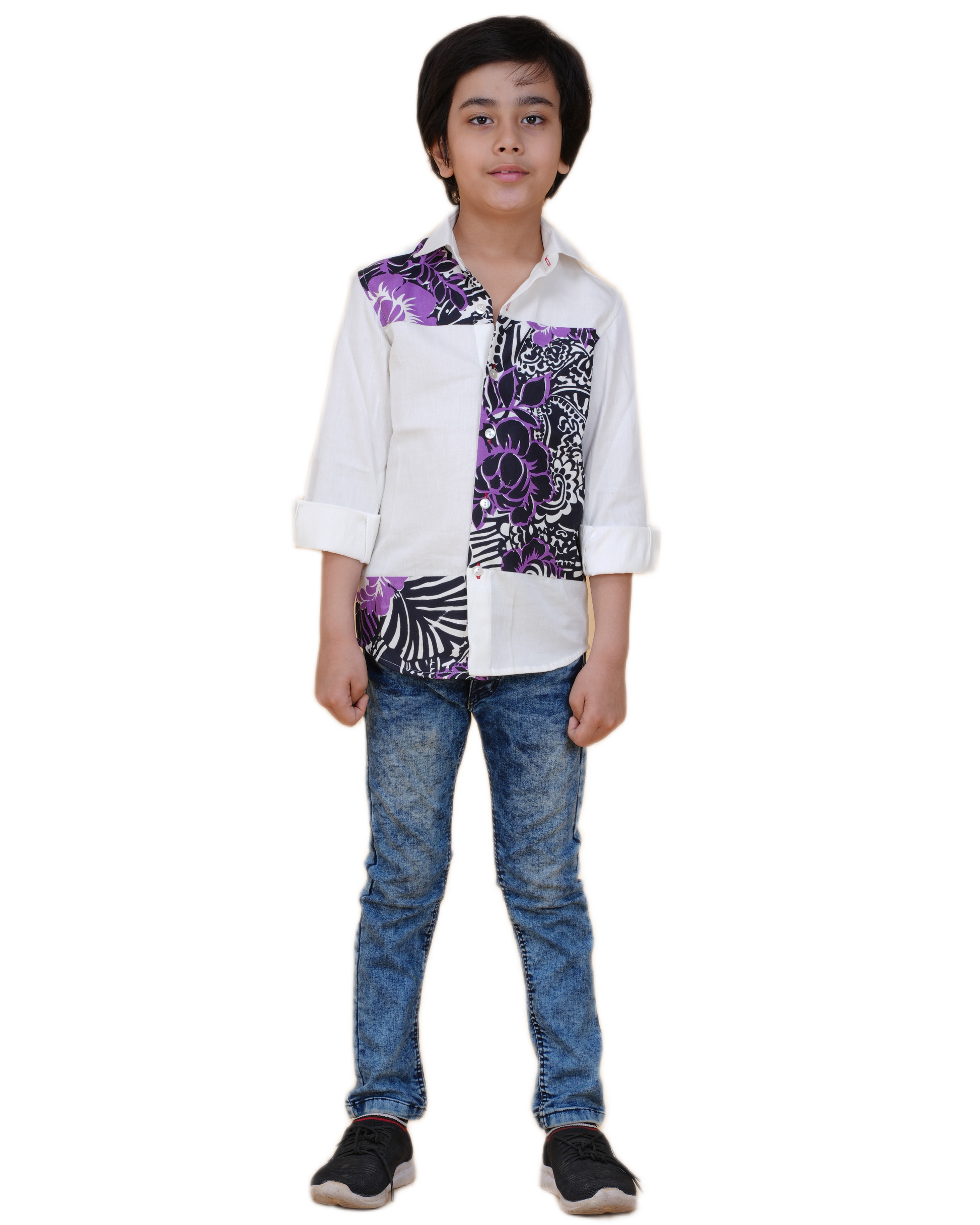 Trendy Boys' White Cotton Shirt with Printed Patch – Stylish & Comfortable