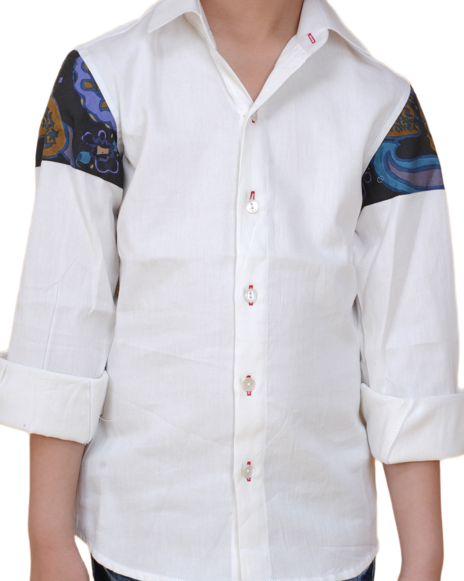 Fashionable White Cotton Shirt for Boys – Stylish Patch Print (Ages 5-12 Years)