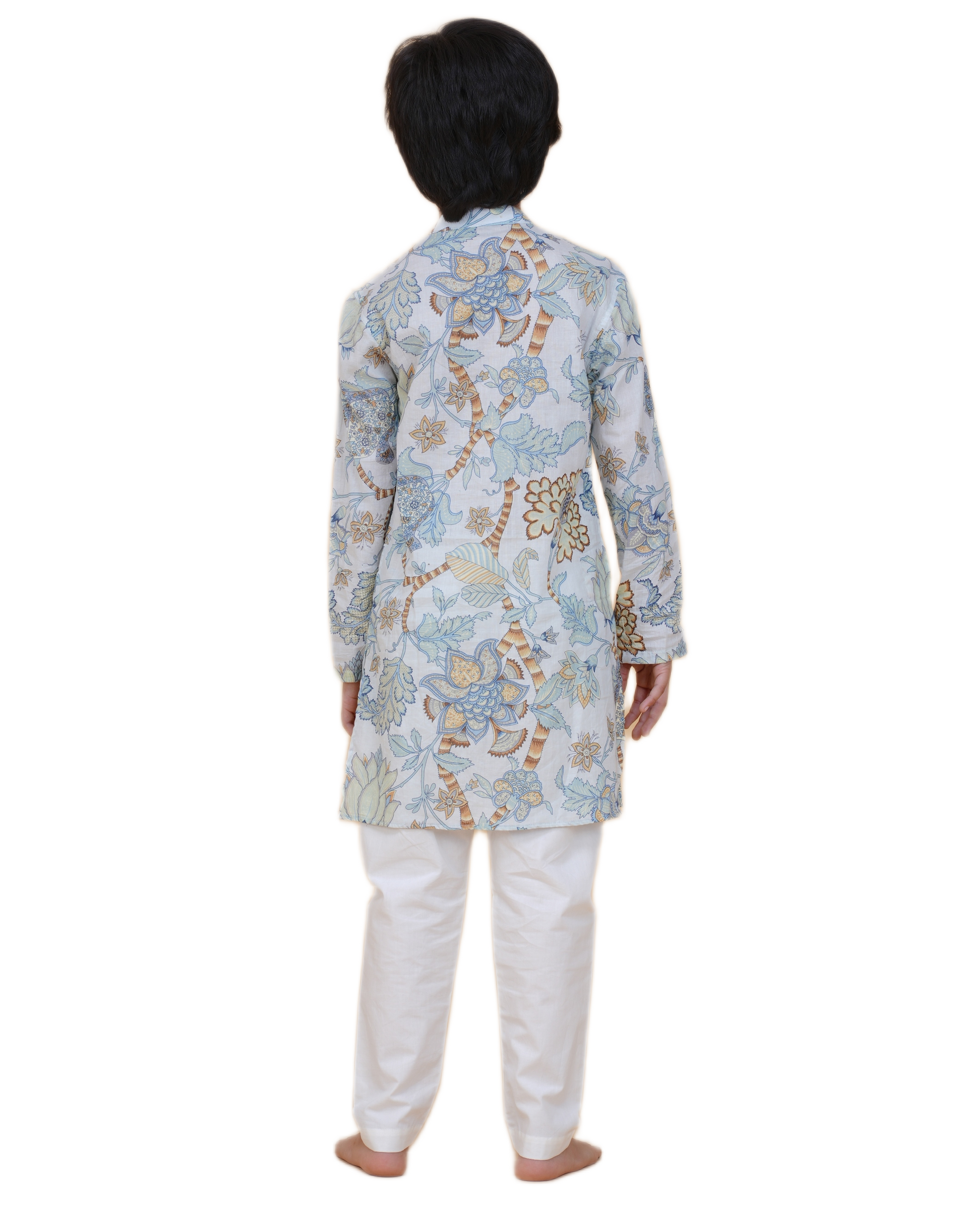 Boys' Floral Printed Cotton Kurta with White Pajama – Elegant Ethnic Wear for Festive & Casual Occasions