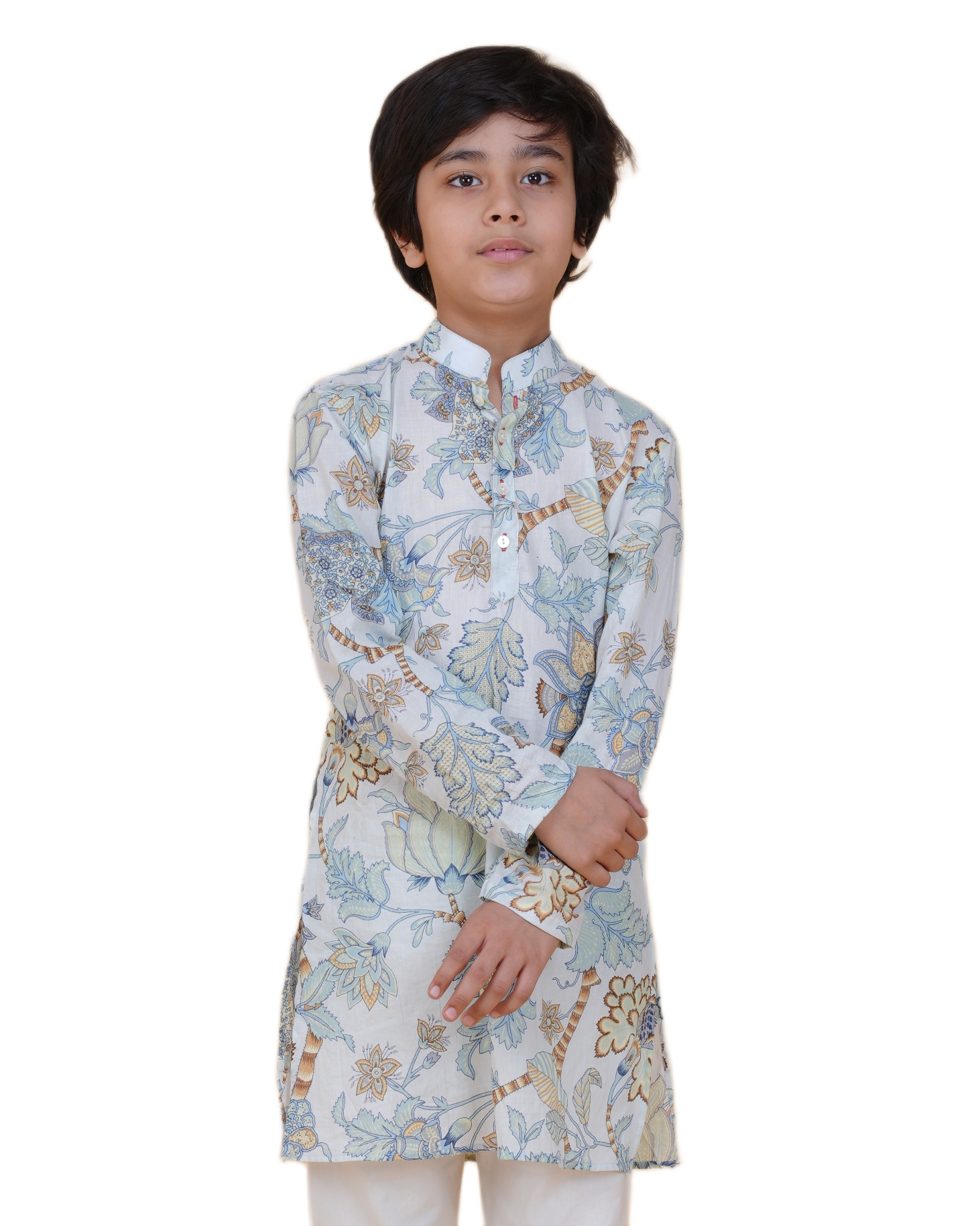 Boys' Floral Printed Cotton Kurta with White Pajama – Elegant Ethnic Wear for Festive & Casual Occasions