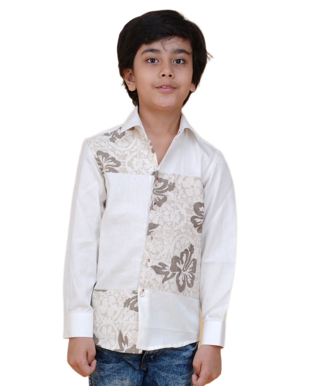 Boys' Soft Cotton White Shirt – Printed Patch Design for a Modern Look