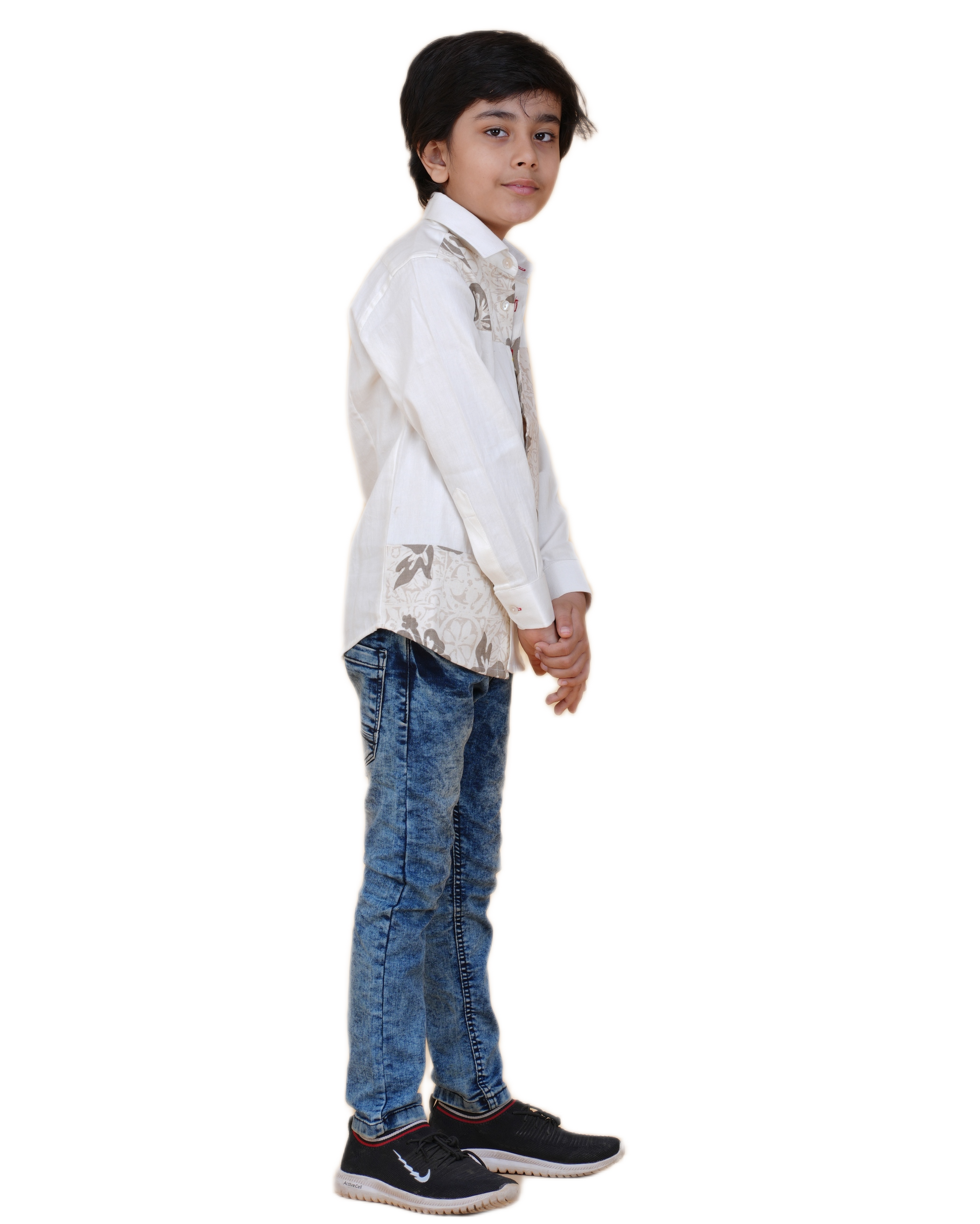 Boys' Soft Cotton White Shirt – Printed Patch Design for a Modern Look